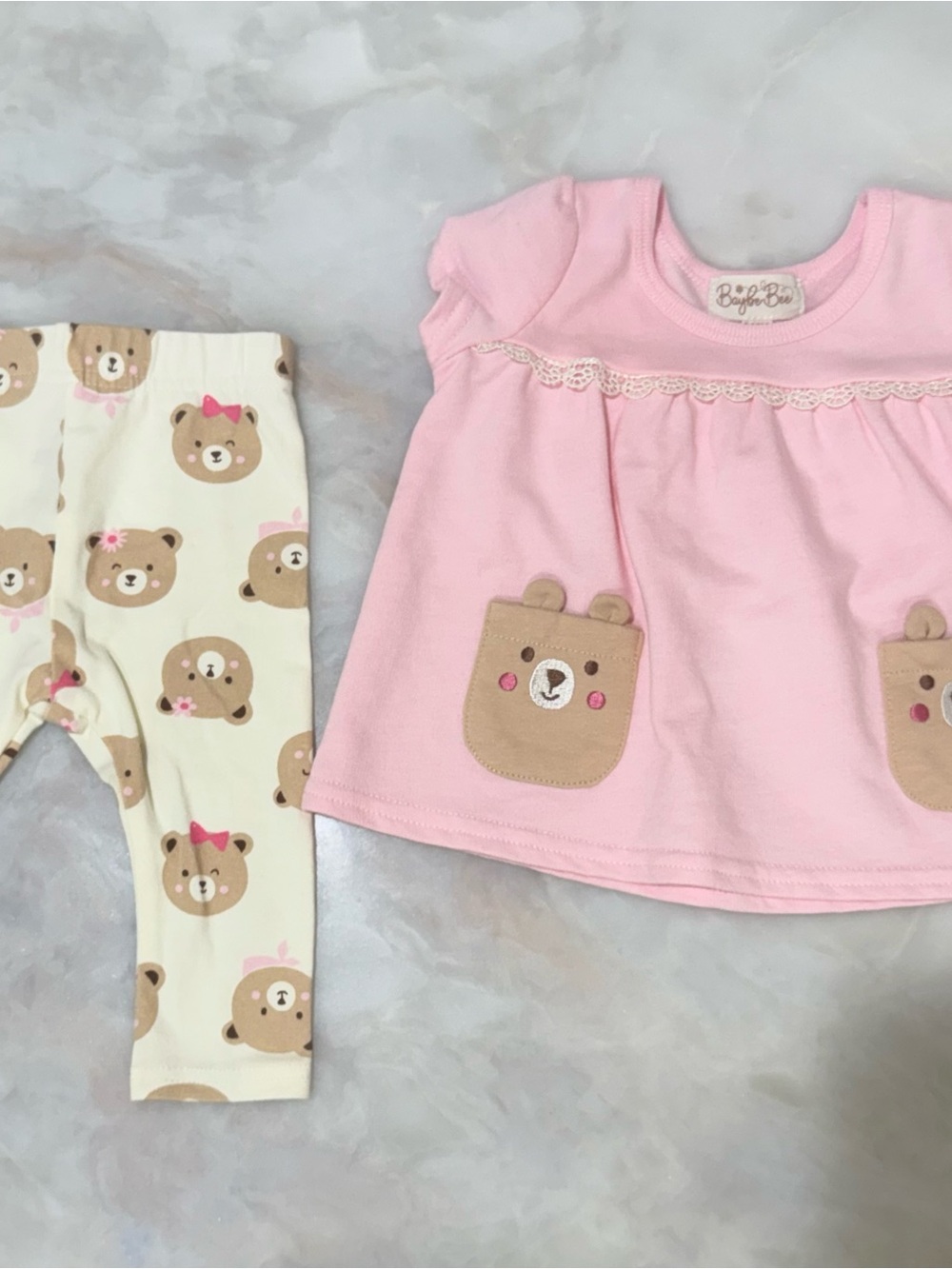 Pink Bear Appliqué Top & Cream Bear-Print Leggings baby outfit